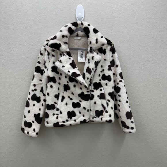 12th Tribe Cow Print Sherpa Lined Full Zip Winter Jacket Coat Womens Medium NEW - Picture 1 of 9